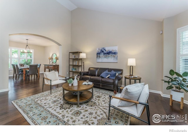 2204 Lasalle St, Superior, CO 80027 - living area featuring arched walkways, wood finished floors, baseboards, and high vaulted ceiling