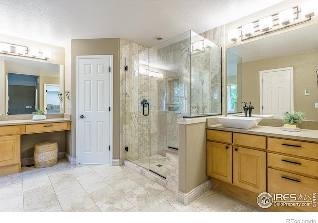 2204 Lasalle St, Superior, CO 80027 - bathroom with a stall shower, vanity, marble finish floors, and baseboards