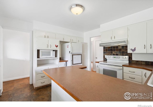 1200 Emigh St, Fort Collins, CO 80524 - kitchen with white appliances, under cabinet range hood, backsplash, and white cabinetry