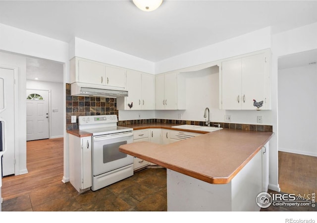 1200 Emigh St, Fort Collins, CO 80524 - kitchen with electric stove, a sink, under cabinet range hood, white cabinets, and a peninsula