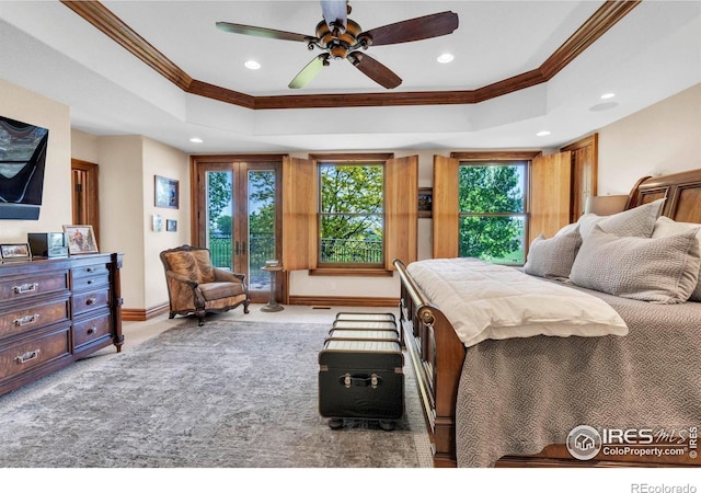 20360 County Road 3, Berthoud, CO 80513 - bedroom with crown molding, a raised ceiling, recessed lighting, carpet, and baseboards