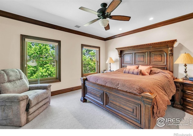 20360 County Road 3, Berthoud, CO 80513 - bedroom with light colored carpet, baseboards, crown molding, a ceiling fan, and recessed lighting