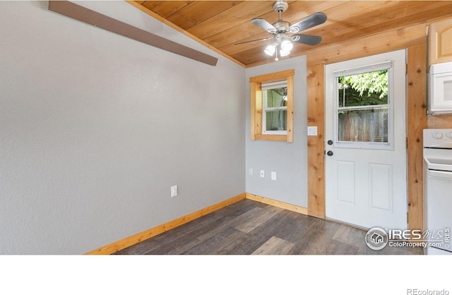 4529 Shoreline Dr Unit 6, Fort Collins, CO 80526 - foyer with wood ceiling, dark wood-type flooring, a ceiling fan, baseboards, and vaulted ceiling
