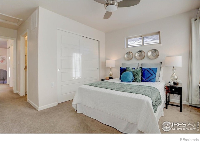 5863 Boston St, Denver, CO 80238 - bedroom featuring light colored carpet, baseboards, ceiling fan, and a closet