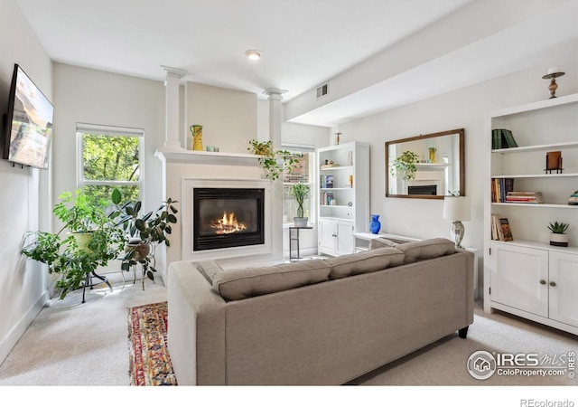 820 Kimbark St Unit D, Longmont, CO 80501 - living room with carpet floors, a glass covered fireplace, ornate columns, and baseboards