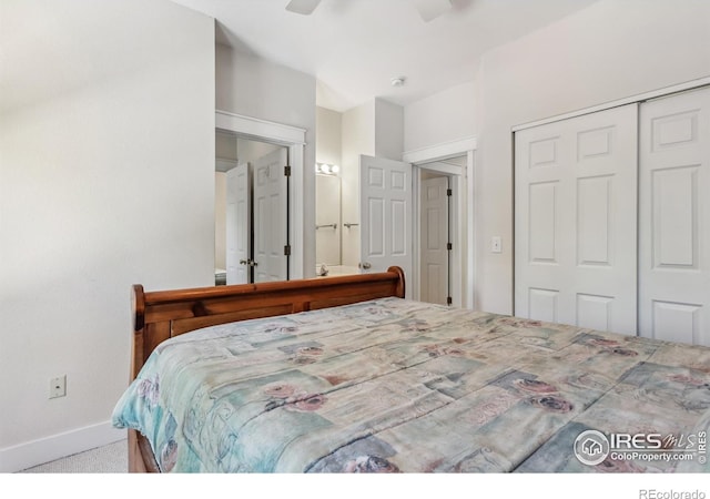 820 Kimbark St Unit D, Longmont, CO 80501 - bedroom featuring a closet, baseboards, carpet floors, and ceiling fan