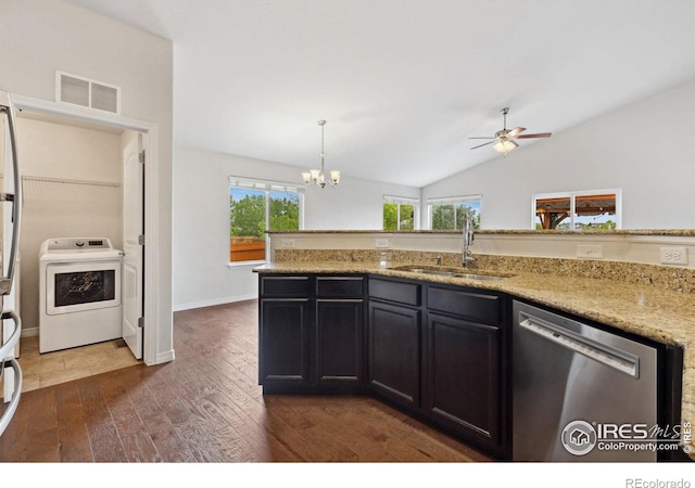 2767 Stallion Way, Mead, CO 80542 - kitchen featuring washer / clothes dryer, dishwasher, a sink, dark wood finished floors, and ceiling fan