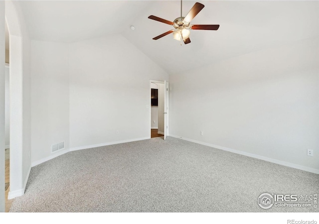 2767 Stallion Way, Mead, CO 80542 - empty room featuring ceiling fan, carpet floors, baseboards, and high vaulted ceiling