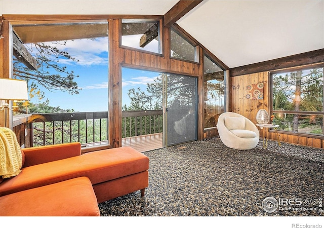 335 Wild Horse Cir, Boulder, CO 80304 - sunroom featuring wood walls, vaulted ceiling, and healthy amount of natural light