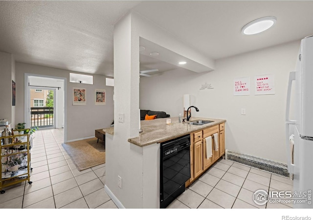 1065 University Ave Unit 121, Boulder, CO 80302 - kitchen with black dishwasher, freestanding refrigerator, light tile patterned floors, a peninsula, and recessed lighting