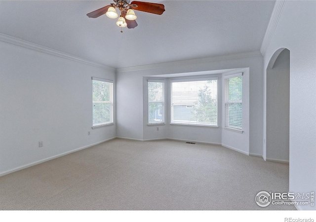 2631 E 136th Pl, Thornton, CO 80602 - unfurnished room featuring crown molding, arched walkways, a ceiling fan, carpet floors, and baseboards