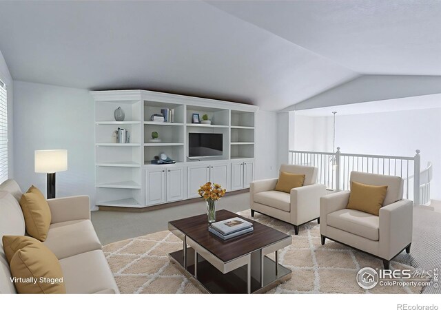 2631 E 136th Pl, Thornton, CO 80602 - living room featuring light colored carpet and lofted ceiling