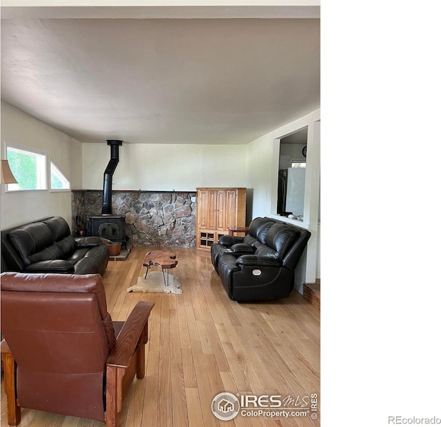 4501 Lawrence Ln, Laporte, CO 80535 - living area with a wood stove and light wood-style flooring