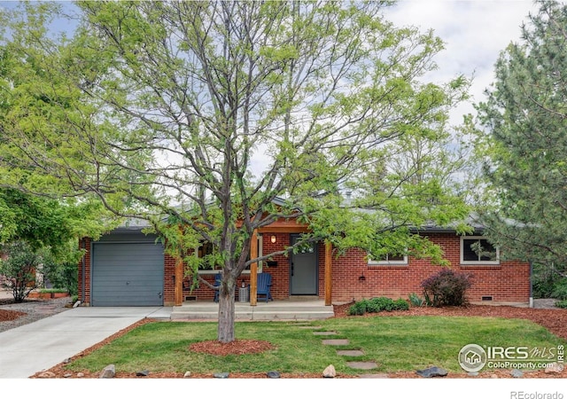 3445 Martin Dr, Boulder, CO 80305 - view of property hidden behind natural elements featuring driveway, a front lawn, brick siding, a garage, and crawl space