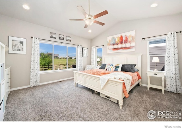 5512 Bristow Rd, Timnath, CO 80547 - carpeted bedroom featuring vaulted ceiling, baseboards, a ceiling fan, and recessed lighting