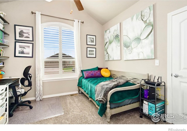 5512 Bristow Rd, Timnath, CO 80547 - bedroom featuring lofted ceiling, baseboards, a desk, and ceiling fan