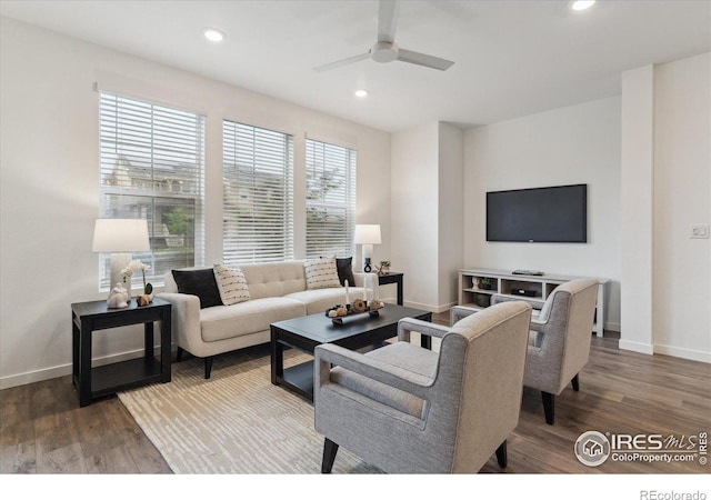 645 Flintwood Pl, Lafayette, CO 80026 - living room featuring wood finished floors, ceiling fan, recessed lighting, and baseboards
