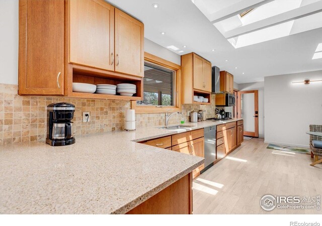 205 Lipan Way, Boulder, CO 80303 - kitchen featuring a sink, appliances with stainless steel finishes, a skylight, open shelves, and decorative backsplash