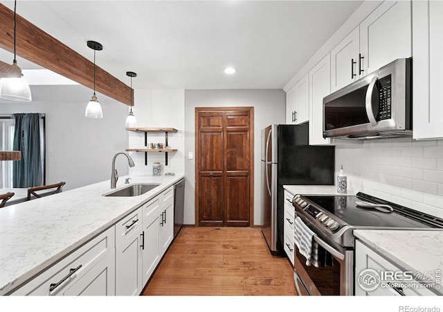 3255 34th St Unit 42, Boulder, CO 80301 - kitchen with stainless steel appliances, a sink, white cabinets, decorative backsplash, and light wood-style flooring