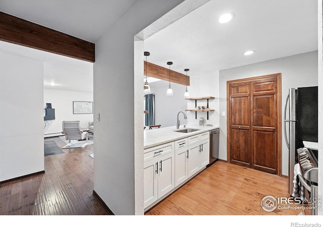 3255 34th St Unit 42, Boulder, CO 80301 - kitchen featuring a sink, stainless steel appliances, white cabinets, light countertops, and light wood-type flooring