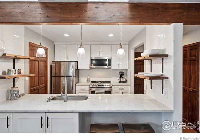 3255 34th St Unit 42, Boulder, CO 80301 - kitchen with open shelves, appliances with stainless steel finishes, a peninsula, a sink, and recessed lighting