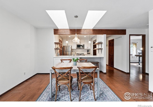 3255 34th St Unit 42, Boulder, CO 80301 - dining space featuring a skylight, dark wood-type flooring, and baseboards
