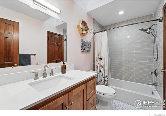 3255 34th St Unit 42, Boulder, CO 80301 - bathroom with vanity, tile patterned flooring, shower / bath combination with curtain, toilet, and recessed lighting