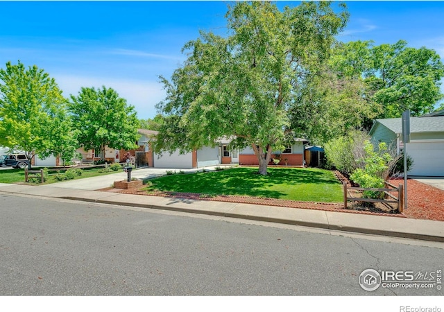 3416 Logan Ave, Loveland, CO 80538 - view of property hidden behind natural elements with driveway, an attached garage, and a front lawn