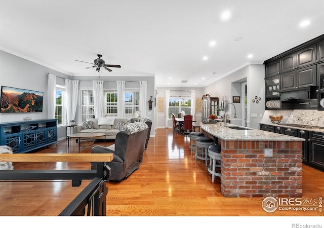 2038 Vineyard Dr, Windsor, CO 80550 - living area featuring ornamental molding, light wood-type flooring, a ceiling fan, recessed lighting, and baseboards