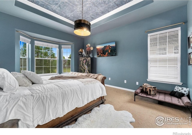 2038 Vineyard Dr, Windsor, CO 80550 - bedroom with carpet, baseboards, and an ornate ceiling