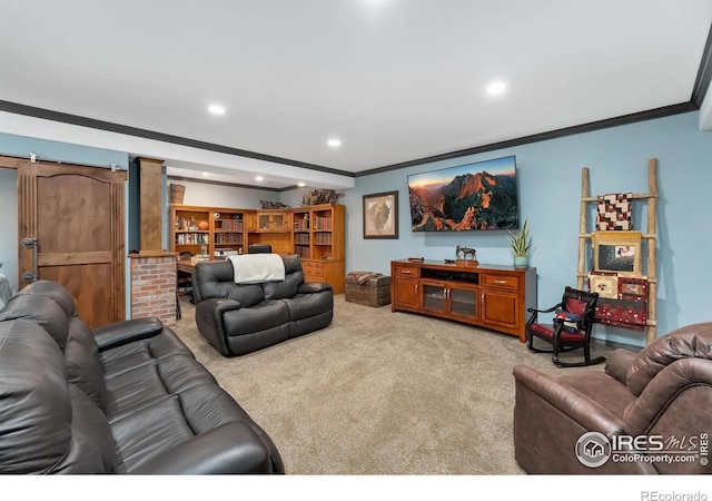 2038 Vineyard Dr, Windsor, CO 80550 - living area featuring crown molding, carpet floors, and recessed lighting