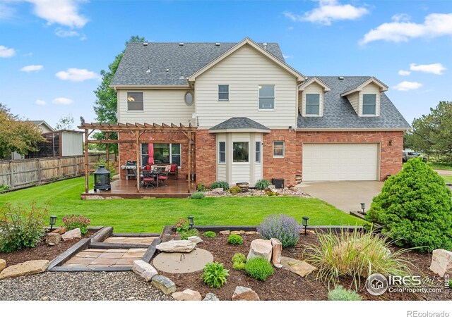 36091 Appy Rd, Eaton, CO 80615 - back of house with brick siding, a pergola, roof with shingles, and a deck