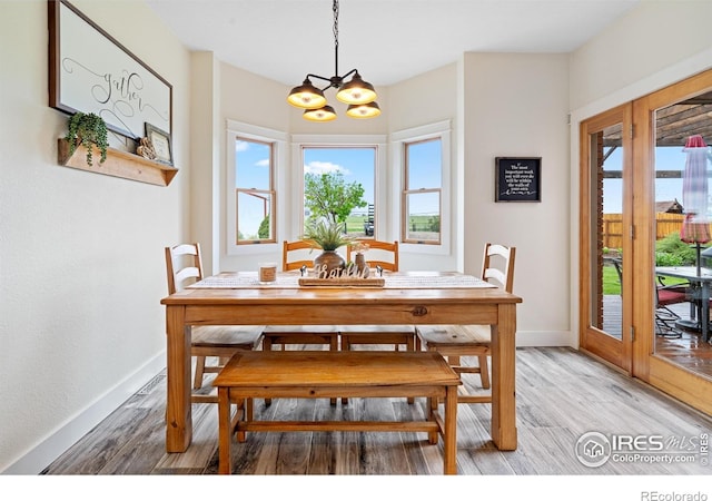 36091 Appy Rd, Eaton, CO 80615 - dining space featuring a chandelier, healthy amount of natural light, baseboards, and light wood-type flooring