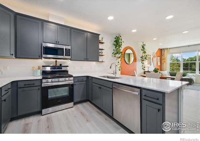 1922 Naturita St, Loveland, CO 80538 - kitchen featuring appliances with stainless steel finishes, a sink, a peninsula, open shelves, and gray cabinetry