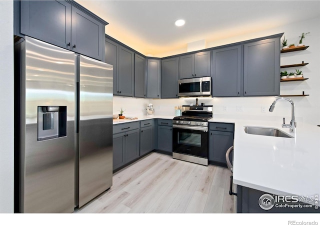 1922 Naturita St, Loveland, CO 80538 - kitchen with appliances with stainless steel finishes, a sink, light wood-style flooring, open shelves, and light countertops