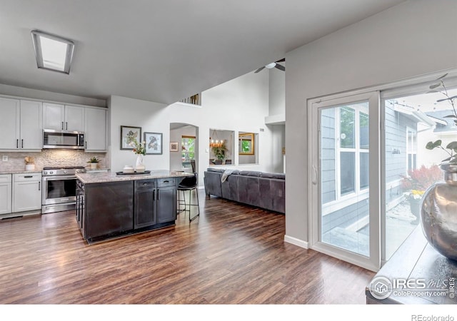 5111 Mt St Vrain Ave, Frederick, CO 80504 - kitchen with stainless steel appliances, dark wood-style floors, a center island, open floor plan, and arched walkways
