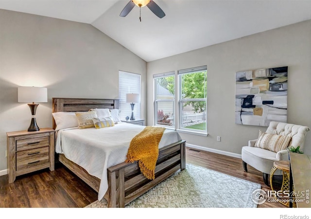 5111 Mt St Vrain Ave, Frederick, CO 80504 - bedroom featuring dark wood-type flooring, lofted ceiling, baseboards, and ceiling fan
