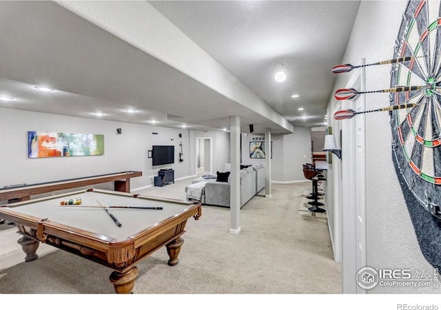 5111 Mt St Vrain Ave, Frederick, CO 80504 - rec room featuring light carpet, pool table, baseboards, and recessed lighting