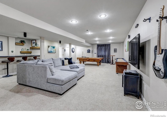 5111 Mt St Vrain Ave, Frederick, CO 80504 - living area with light carpet, billiards table, recessed lighting, and baseboards