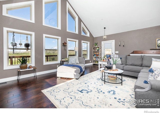4721 Arthur Mae Ln, Laporte, CO 80535 - living area featuring hardwood / wood-style flooring, high vaulted ceiling, and baseboards