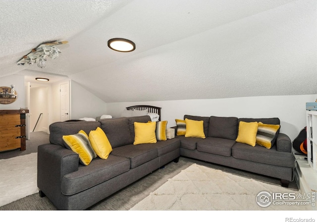 701 Mathews St, Fort Collins, CO 80524 - living room with carpet floors, vaulted ceiling, and a textured ceiling