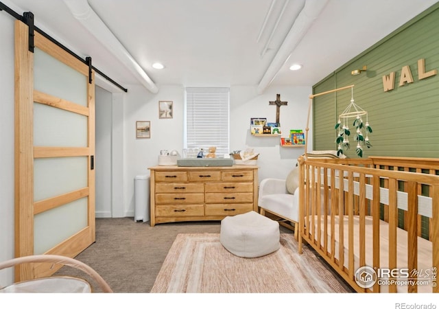 701 Mathews St, Fort Collins, CO 80524 - bedroom with a barn door, carpet, recessed lighting, a crib, and baseboards