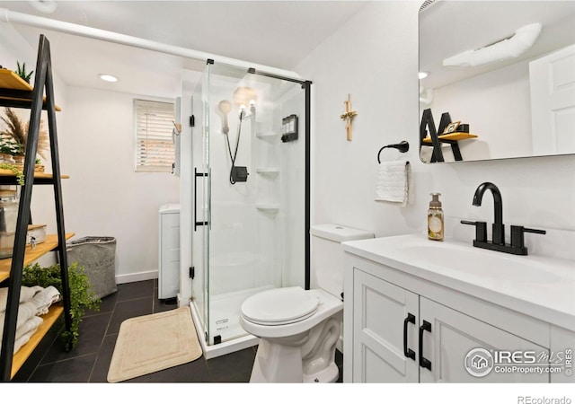 701 Mathews St, Fort Collins, CO 80524 - bathroom with toilet, tile patterned flooring, vanity, a stall shower, and recessed lighting
