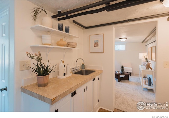 416 E Elizabeth St, Fort Collins, CO 80524 - kitchen with a sink, carpet floors, white cabinetry, open shelves, and light countertops