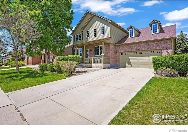13445 Kearney St, Thornton, CO 80602 - traditional-style home featuring brick siding, covered porch, a front yard, and a garage
