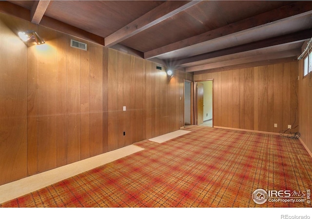 1409 Welch St, Fort Collins, CO 80524 - spare room featuring beamed ceiling, carpet flooring, and wood walls
