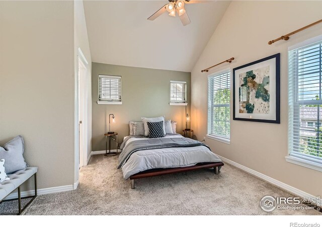 634 Homestead St, Lafayette, CO 80026 - carpeted bedroom with baseboards, ceiling fan, and high vaulted ceiling
