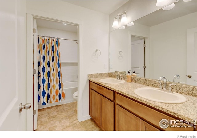 3657 Speedwell St, Wellington, CO 80549 - full bath featuring double vanity, shower / tub combo with curtain, and tile patterned flooring