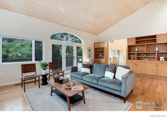 142 Meadowlook Way, Boulder, CO 80304 - living room featuring light wood-style flooring, high vaulted ceiling, wood ceiling, french doors, and baseboards