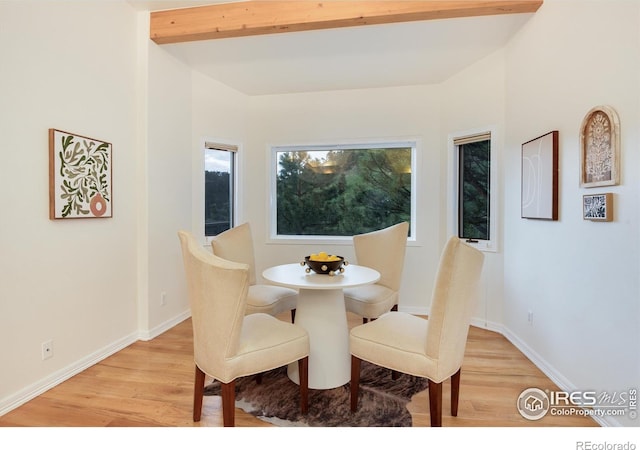 142 Meadowlook Way, Boulder, CO 80304 - dining space with light wood-style flooring, baseboards, and beam ceiling